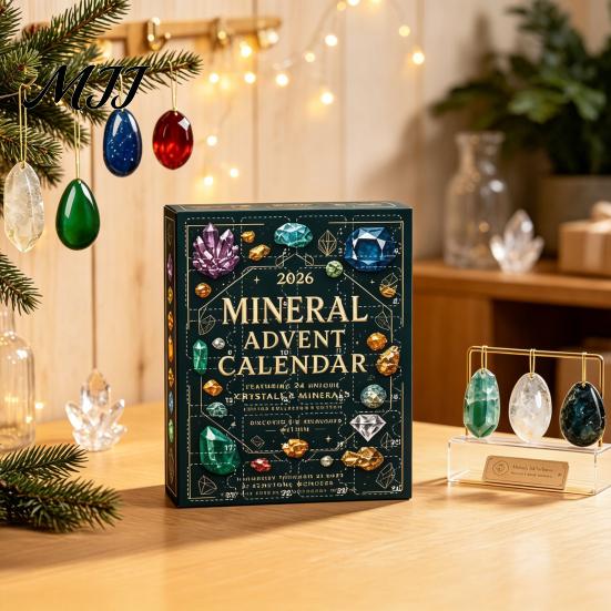 Mineral Lovers Gift Idea Gemstone Advent Calendar, 24-Day Christmas Countdown Set with 2D Decorative Display Acrylic Ornaments, Tree Hanging