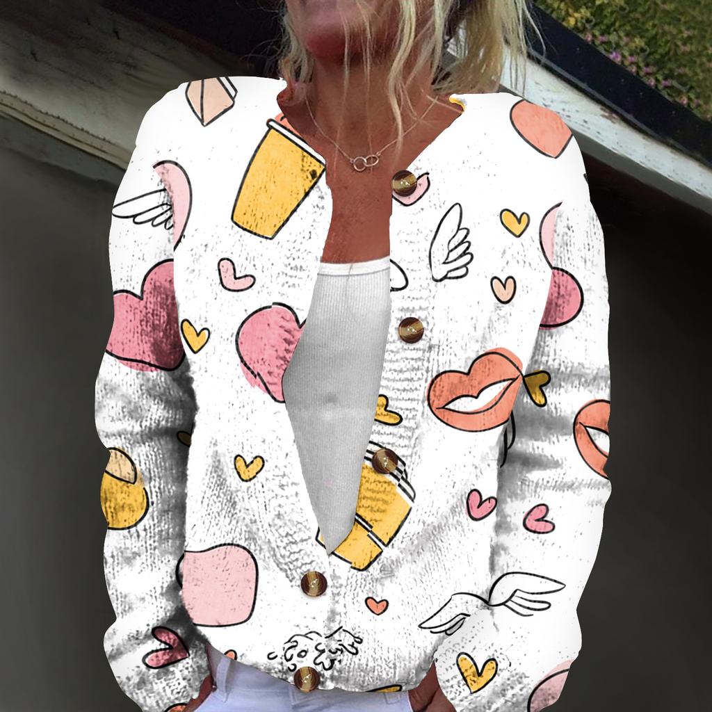 Women's Fashion Printed Long-Sleeved Knit Cardigan Button-Down Jacket