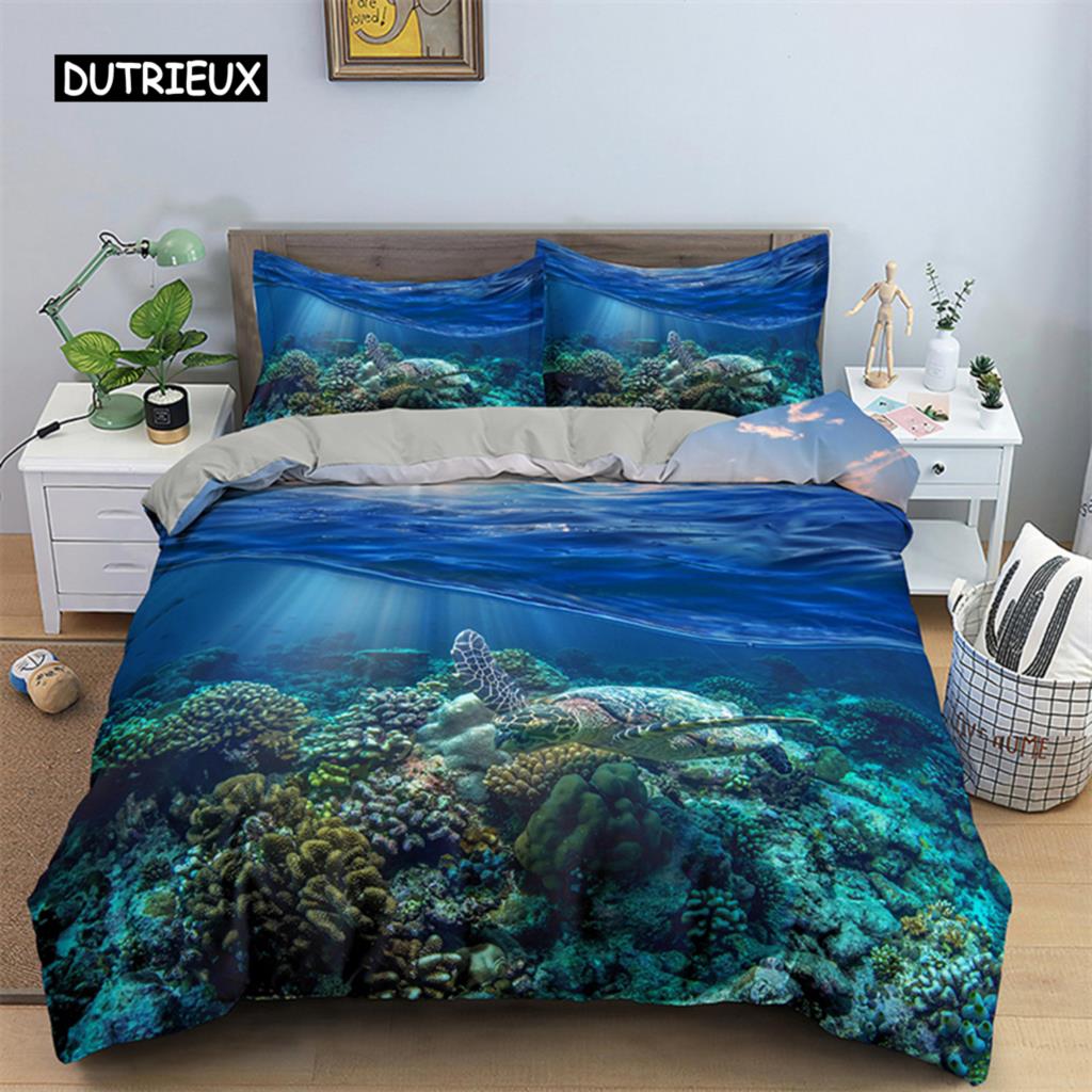Exotic Sea Turtle Duvet Cover Microfiber Marine Life Geometric Comforter Cover 3D Ocean Theme Bedding Set Double Twin King Size