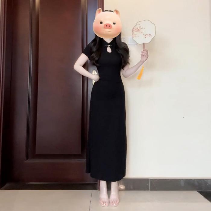 New Chinese-style improved cheongsam black hollow button dress summer women's small slim-fitting waist dress