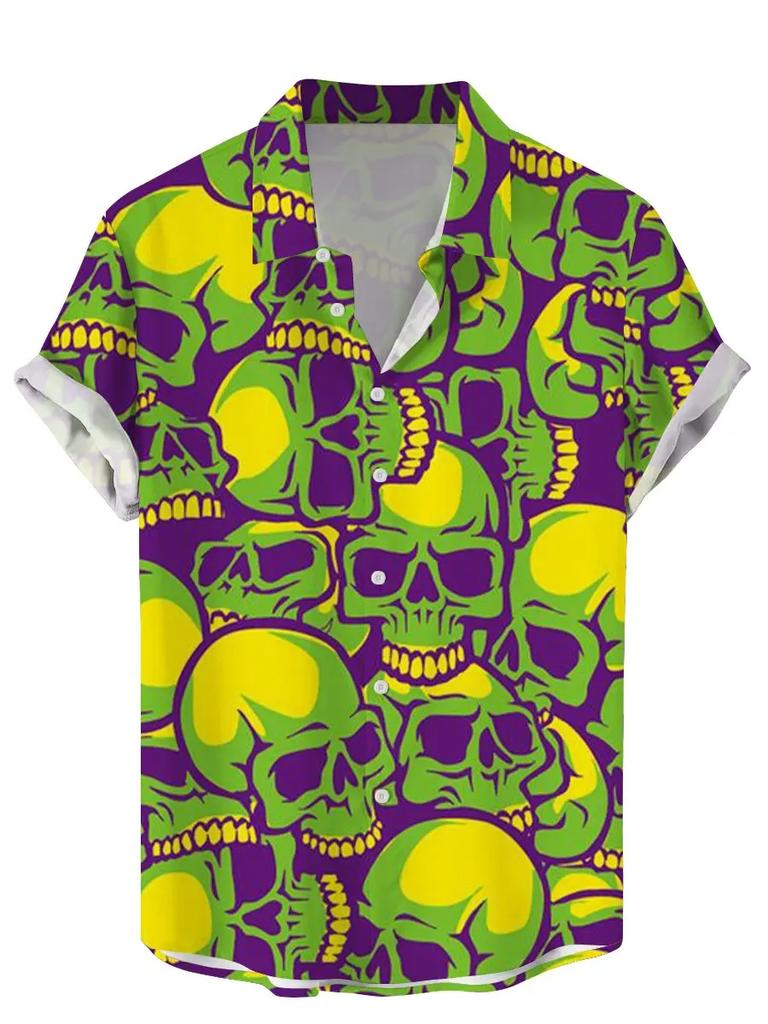 Vintage Men Shirts Funny Skull Flowers Printing Streetwear Short Sleeve Shirts Summer Hawaii Shirt Print Lapels Shirts for Men