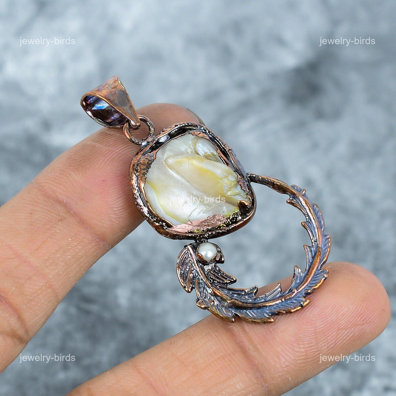 

Biwa Pearl Gemstone Copper Art Deco Ethnic Electroformed Wedding Gift Pendant VP-2