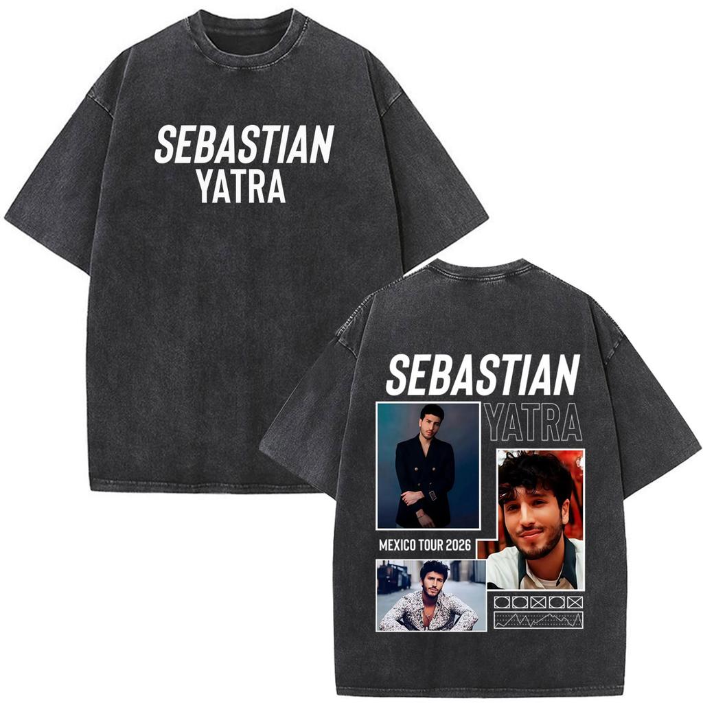 Singer SEBASTIAN YATRA Entre Tanta Gente Tour Print T Shirt Unisex Cotton Casual Vintage Washed Oversized Tshirts Streetwear