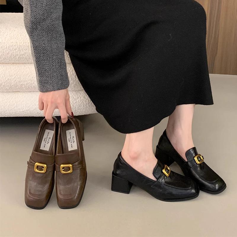 Mocasini pentru femei cu toc gros, pantofi unici de primăvară și toamnă, pantofi cu toc înalt, pantofi leneși cu un singur pedale, pantofi britanici cu toc mediu Mary Jane, pantofi mici din piele