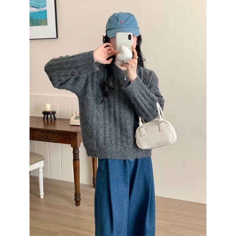 Autumn and winter new retro twist crew neck pullover sweater with women's loose and lazy casual bottoming knitted sweater