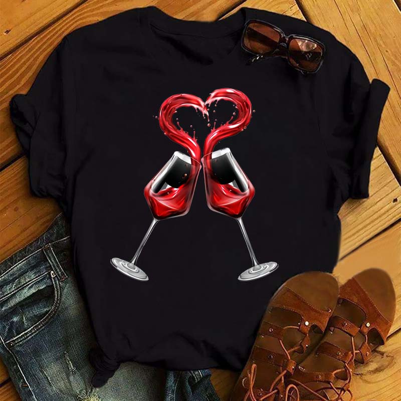 New Women T-Shirt Casual Short Sleeve T Shirt Women's Fashion Rose Red Wine Glass Printed Black T-Shirt Female Tops Tees