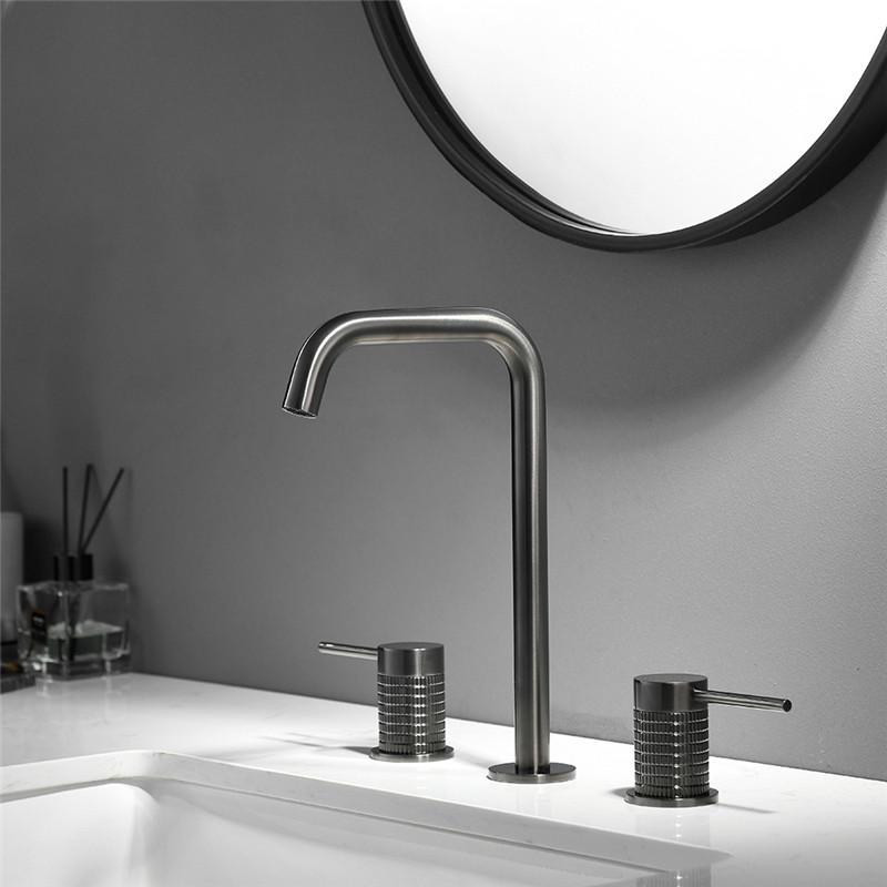Tuqiu Brushed Gold Bathroom Faucet Widespread Rose Gold Basin Faucet 3 Hole Black Sink Faucet Mixer Gray Hot Gold Water Tap