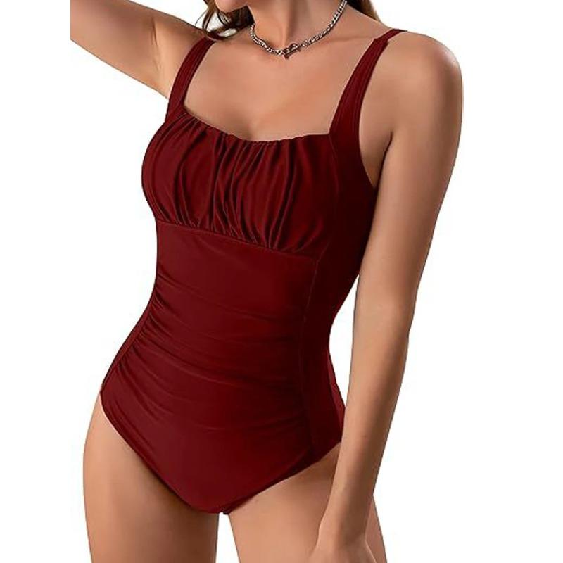 One Piece Ruched Front Swimsuit 2026 Women Vintage Solid Print Swimwear Padded Bathing Bodysuit Bather Swimming Beachwear Summer