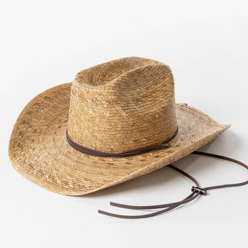 My Extreme Outdoor Activities Women's White Natural Hand Knitted Palm Leaf Sun Hats Big Brim Warped Edge Cowboy Hat Men Outdoor Travel Sunscreen Sunshade Straw Hat 59Cm