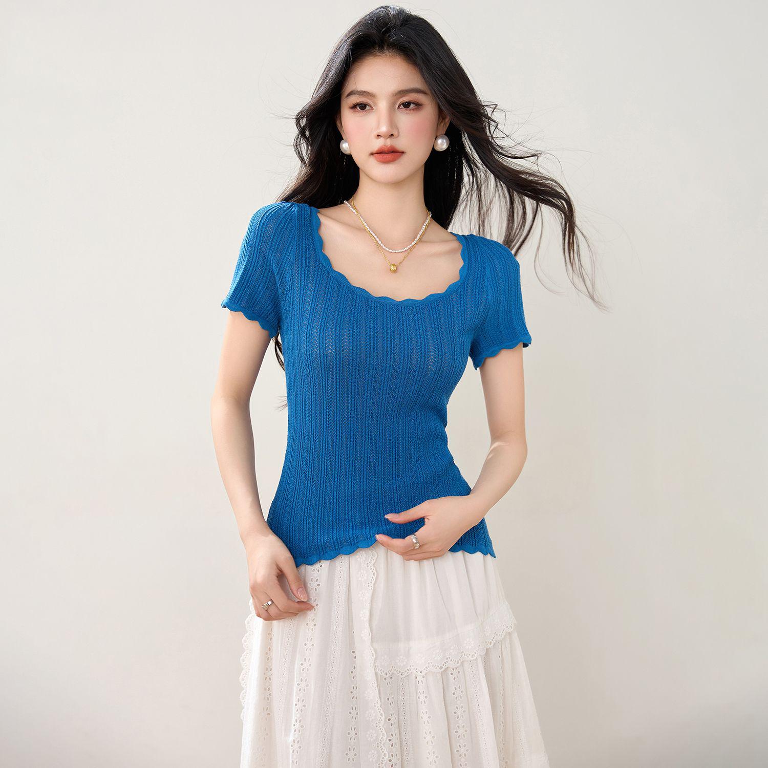 

Женский летний вязаный топ 2025 года с квадратным вырезом, синий - приталенный, с коротким рукавом, во французском стиле One Size [Recommended for up to 125 lbs]