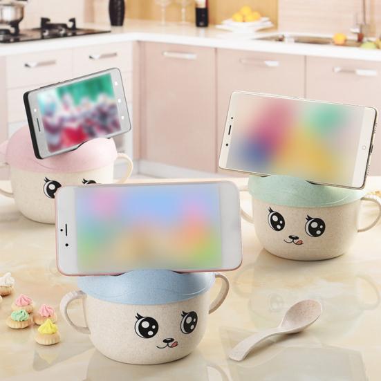 2 buc/set 450 ML bol de hrănire Suport pentru telefon inteligent Design Anti-cădere Material de calitate alimentară Bol cu ​​paie pentru mese pentru grădiniță