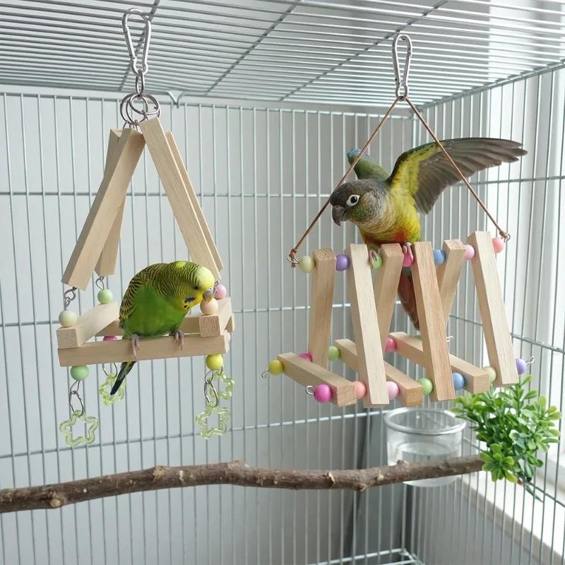 1PC Wood Parrot Swing Toy Hanging Climbing Ladder Bird Perch Stand Blocks Chew Toys For Budgie Cockatiel Conure Cage Accessories