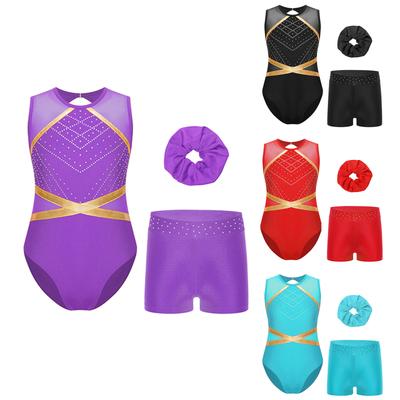 Kids Girls 3 Piece Gymnastics Set Rhinestone Leotard Keyhole Back Sleeveless Patchwork Bodysuit Waistband Shorts Hair Tie