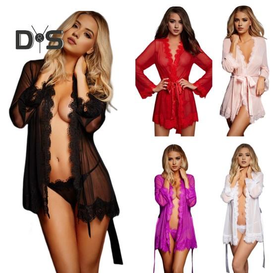 Lady Summer Nightdress with Tie-up Belt Thin See-through Mesh V Neck Sensual Sleepwear Lace Trim Nightie Bedroom Honeymoon Wedding Night Dress