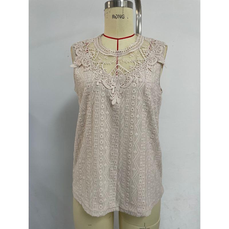 Women's Tank Tops Fashion Elegant Round Neck Lace Patchwork Loose Casual Tanks Vest for Women Spring and Summer Solid Color Crochet Office Lady Tops