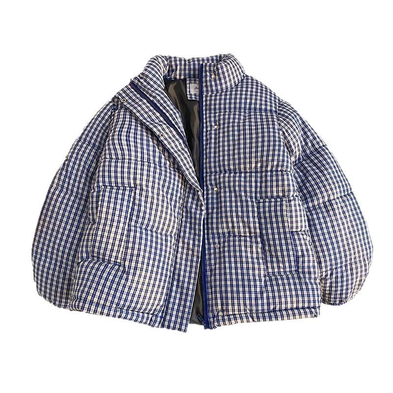 Blue Plaid Down Cotton Coat for Women Winter New Style Small Style Loose Bread Coat Cotton Coat