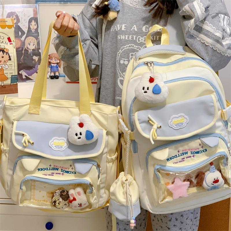 New contrasting color schoolbag for women, high-value college style, sweet girl pain bag for primary and secondary school students, two-piece backpack