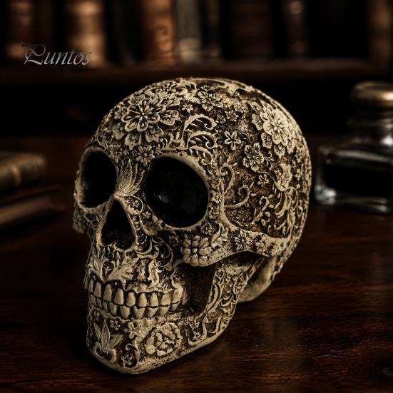 Collectible Art for Secret Rooms Creative Skull Flowers Sculpture, Human Head Skeleton Statue, Halloween Ornaments Home Decor Decor, Prop Indoor