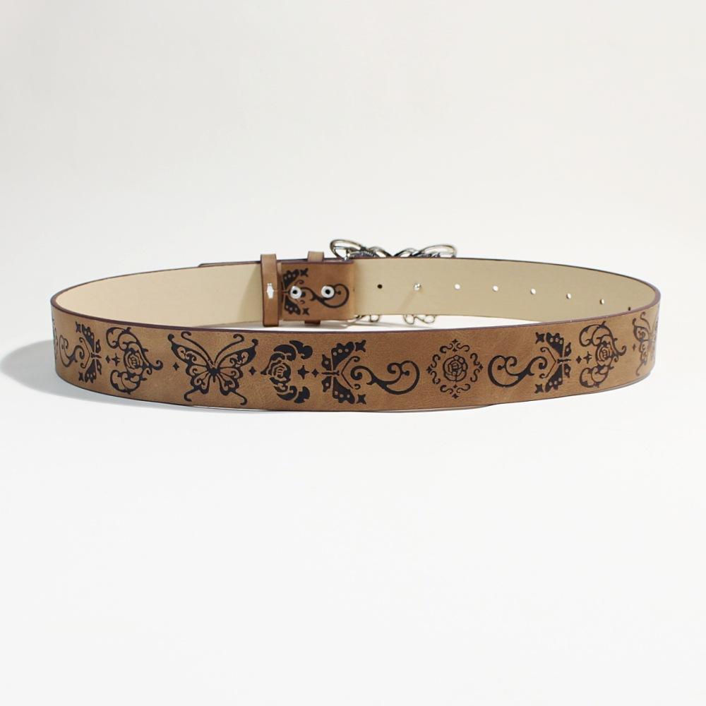 Brown Women'S Butterfly Buckle, Snap Buckle Belt, Retro Butterfly Embossing Pattern, Wearing Accessories Temperament