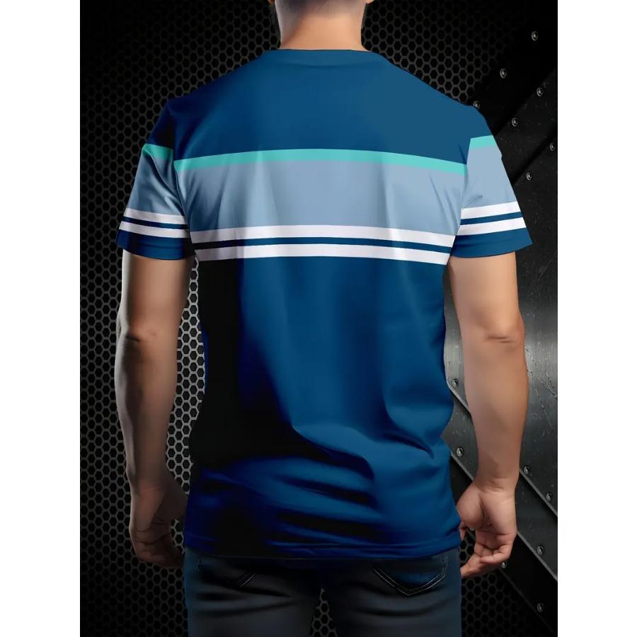 Men's 3D Blue Casual T-Shirt with Eagle Logo - Lightweight, Stretchy Fabric, Short Sleeve, Round Neck, Perfect for Outdoor