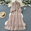 Vintage Damkappa Nedvikt Krage Lykta Ärm Klänning Spets Bandage Rosett Slim Fit Stor Sväng Maxi Klänningar Elegant Vestido Femme