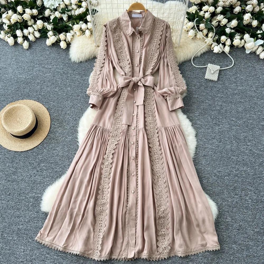Vintage Damkappa Nedvikt Krage Lykta Ärm Klänning Spets Bandage Rosett Slim Fit Stor Sväng Maxi Klänningar Elegant Vestido Femme