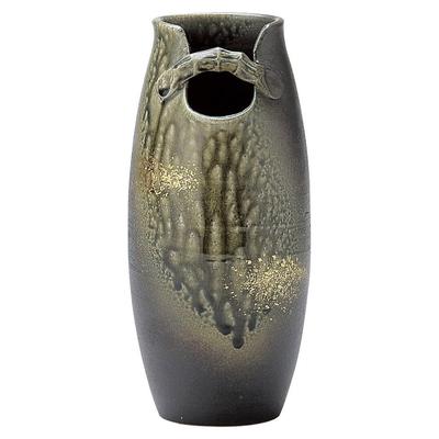 Shigaraki Ware Hechimon Flower Vase, Large, Vertical, with Handle, Green, Gold-painted Glass Beads, Suitable for Buddhist Altars, Ceramic, MR-1-2524