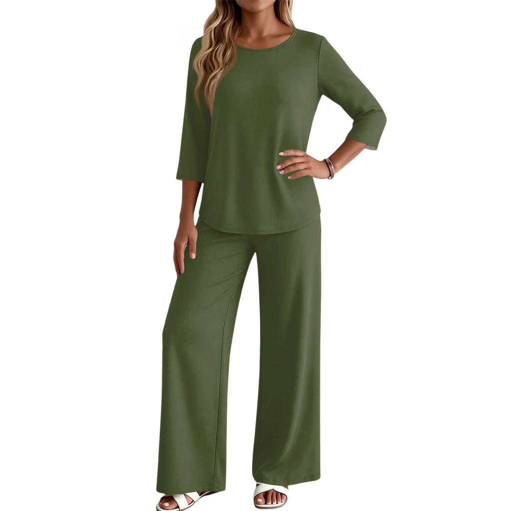 Women’s Casual Loose Fit Round Neck Three Quarter Sleeve Top and Wide Leg Pants Two Piece Set for Everyday Wear