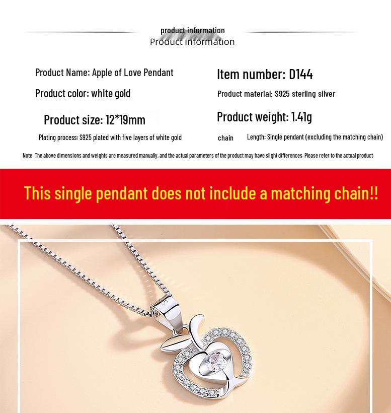 Korean Style Sterling Silver Apple Pendant with Diamonds - Fresh Fruit Christmas Jewelry