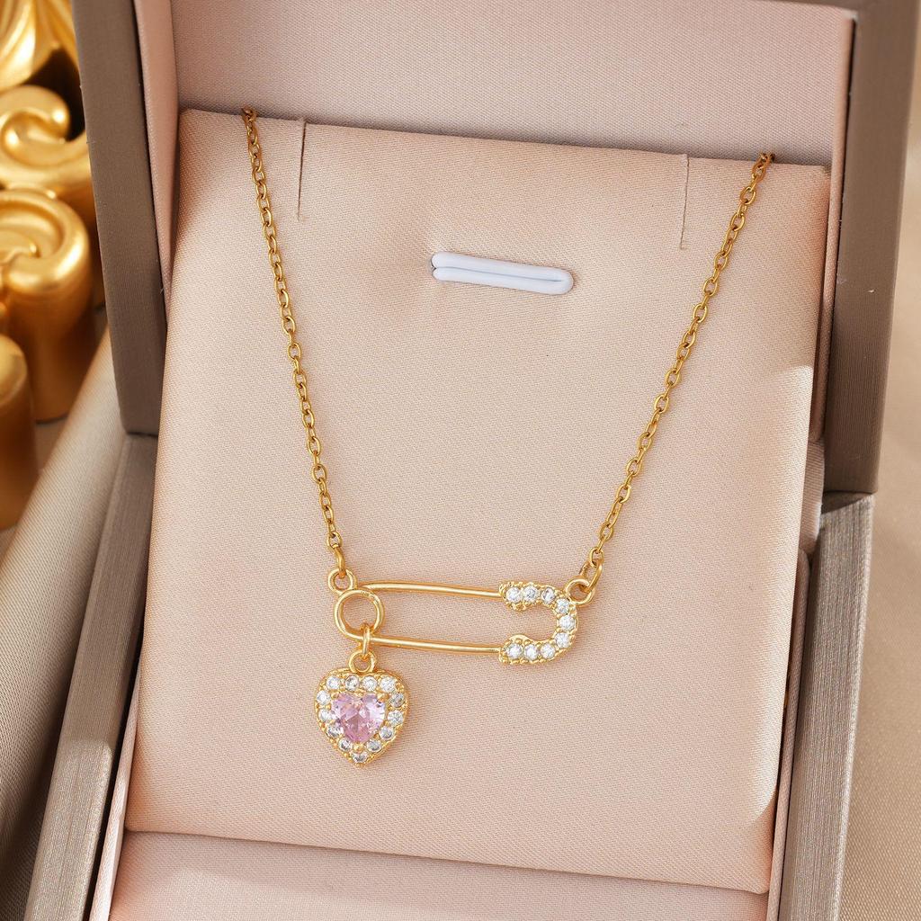 Women's Zircon Safety Pin Heart Pendant Necklace - Luxury Titanium Steel Chain