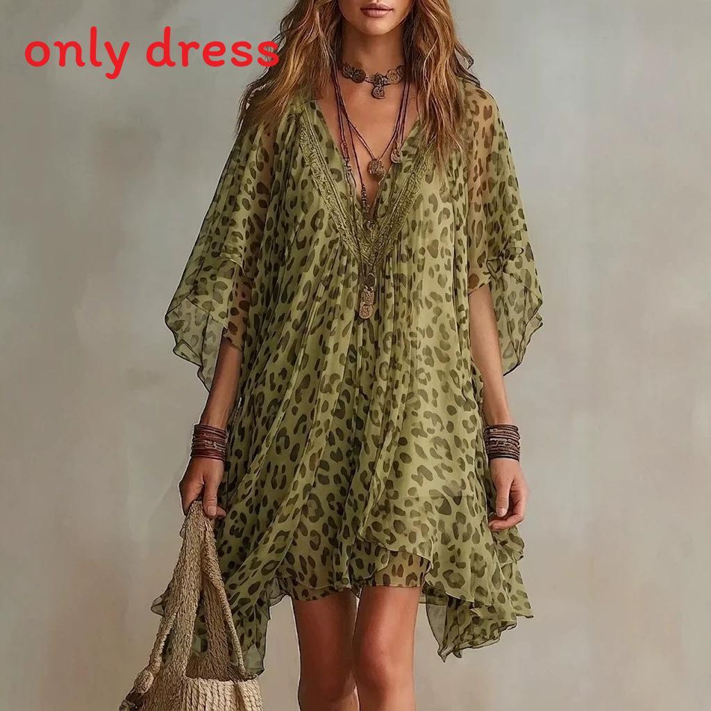 Leopard Print Summer Dress For Women With V Neck Chiffon Beach Coverup For Vacation