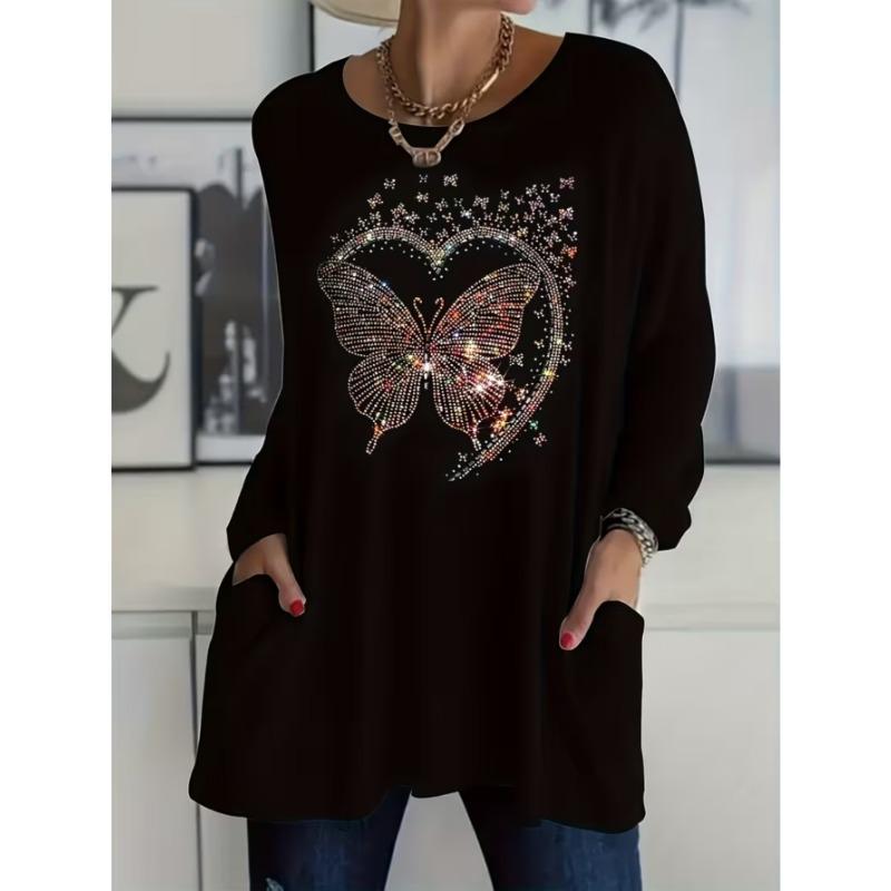 Women's long-sleeved round-neck T-shirt, suitable for spring, autumn and winter seasons. It has pockets and print designs. machine washable.