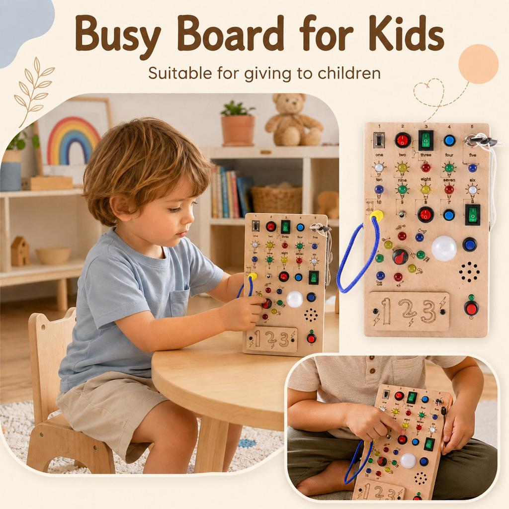 Montessori Wooden Busy Board with Light Switches and Sensory Toys Circuit Busy Board for Toddlers and Babies Over 1 Year Educational Activity Toy