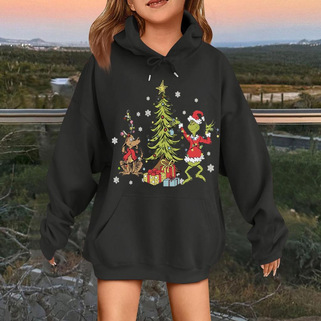 Children's Fashionable Casual Long-sleeved Loose Christmas Print Pullover Hooded Sweatshirt