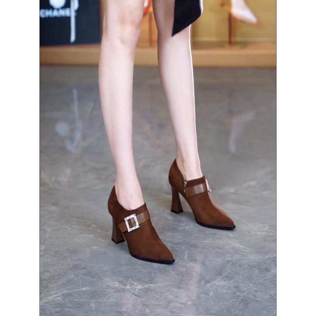 Deep mouth single shoes women's autumn and winter 2025 new suede pointed high heels fashion thick heel square buckle rhinestone women's shoes