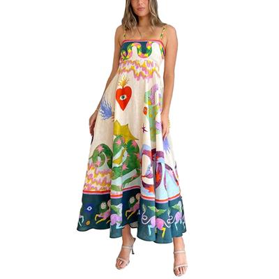 Damen Spaghettiträger Ärmelloses Kleid Sommerdruck Fließendes A-Linien-Party-Langes Kleid für Cocktail-Strand-Streetwear