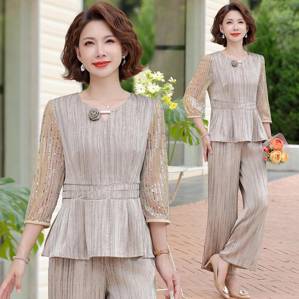 Elegant Autumn 2025 Satin Blouse & Seven-Sleeve Two-Piece Set for Middle-Aged and Elderly Women