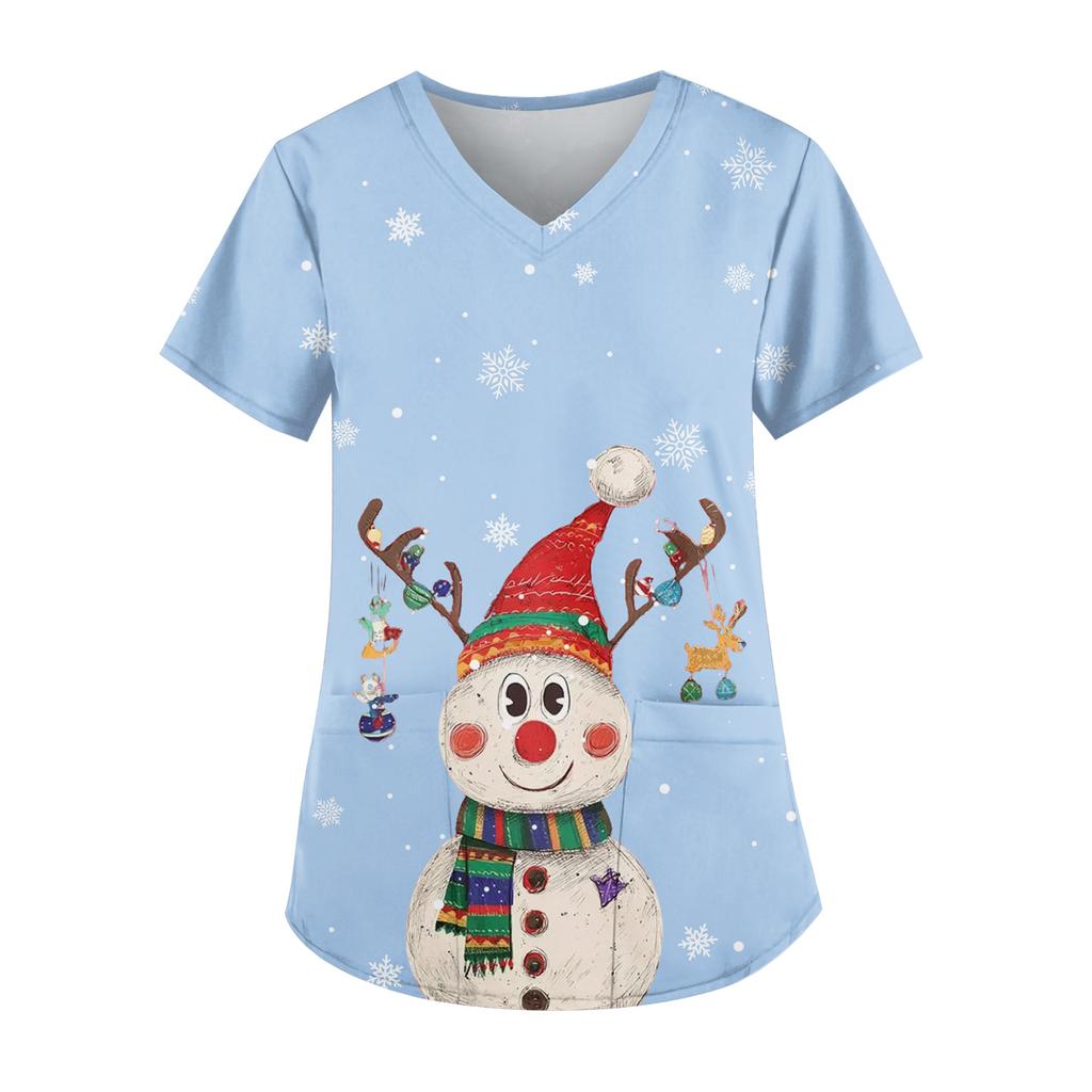Ladies' Fashionable V-neck Pocket Short Sleeved Christmas Tree Printed Caregiver Uniform
