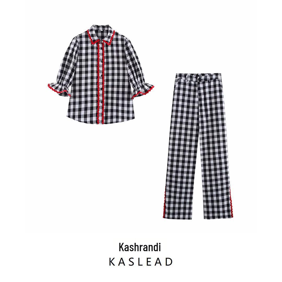 

2025 Spring Women s Retro Plaid Color Block Five-Sleeve Shirt and Pants Set S
