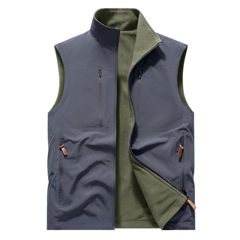 Flannel Double-sided Vest for Men's Outdoor Sports Warm Vest Camisole Workwear Multi Pocket Vest Jacket