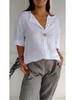 2026 Women's Loose V-Neck Cotton Linen Button Top - Comfortable Casual Summer T-shirt