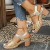 Fashion Gold Glitter Ankle Strap Sandals Women High Square Heels Summer Shoes Woman Ankle Strap Shiny Sequin Gladiator Sandles Mujer 43