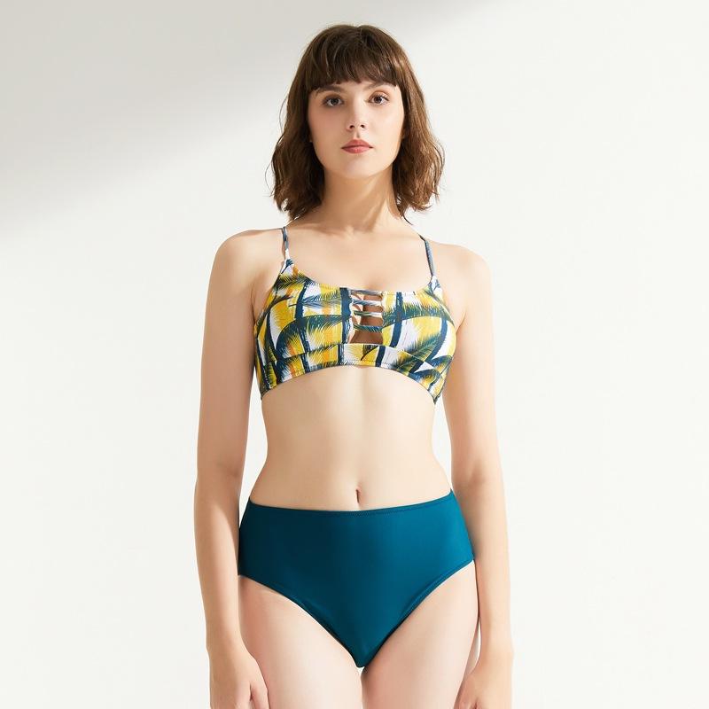 European and American sexy women s split swimsuit hollow lace-up beach swimsuit bikini S жёлтый