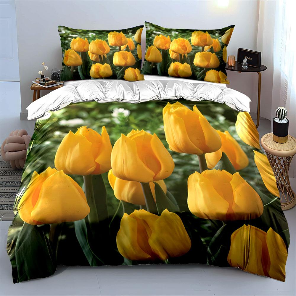 Yellow Tulips with Greenery. Bedding Sets Duvet Cover Sets Duvet Covers Pillowcases(1*Duvet Cover 2*Pillowcases Without Duvet Insert)