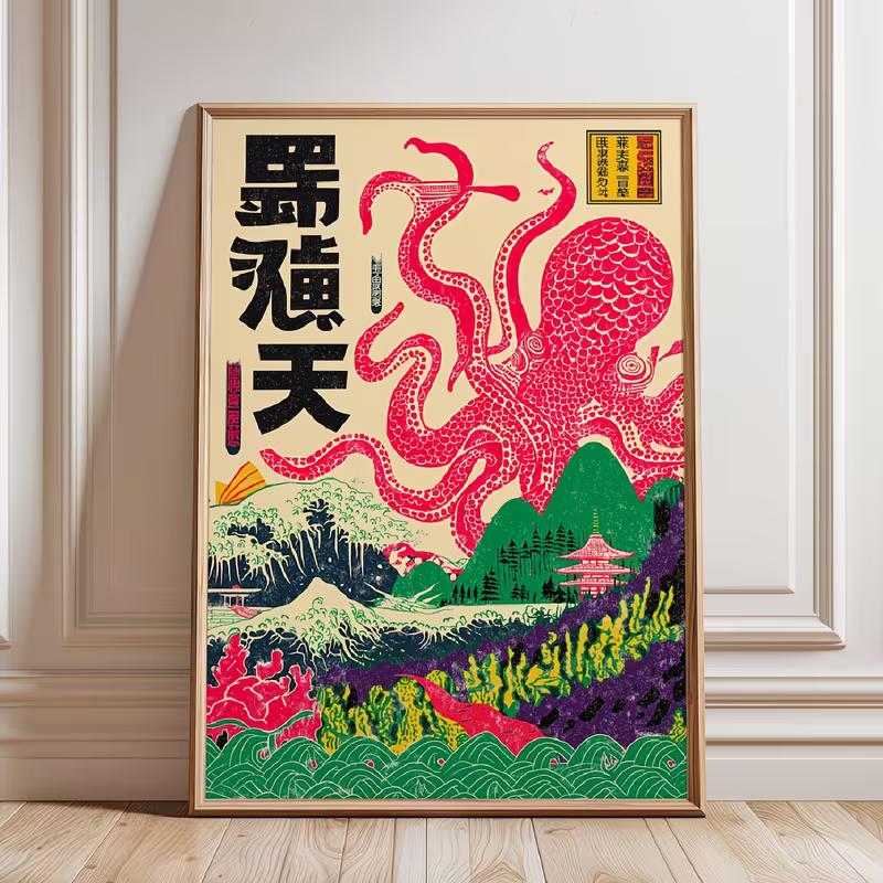 Retro Japanese Octopus Art Print Frameless Ukiyo-E Sea Monster Canvas Painting, Perfect for Bedroom And Living Room 20x30cm