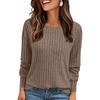 Womens Casual Ribbed Round Neck Long Sleeve Pullover T Shirt