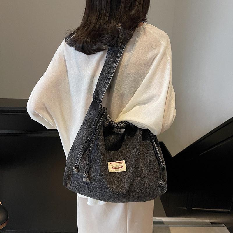 Geantă tip rucsac din denim cu șnur în stil coreean pentru studenți - Capacitate mare, Geantă de umăr casual de primăvară