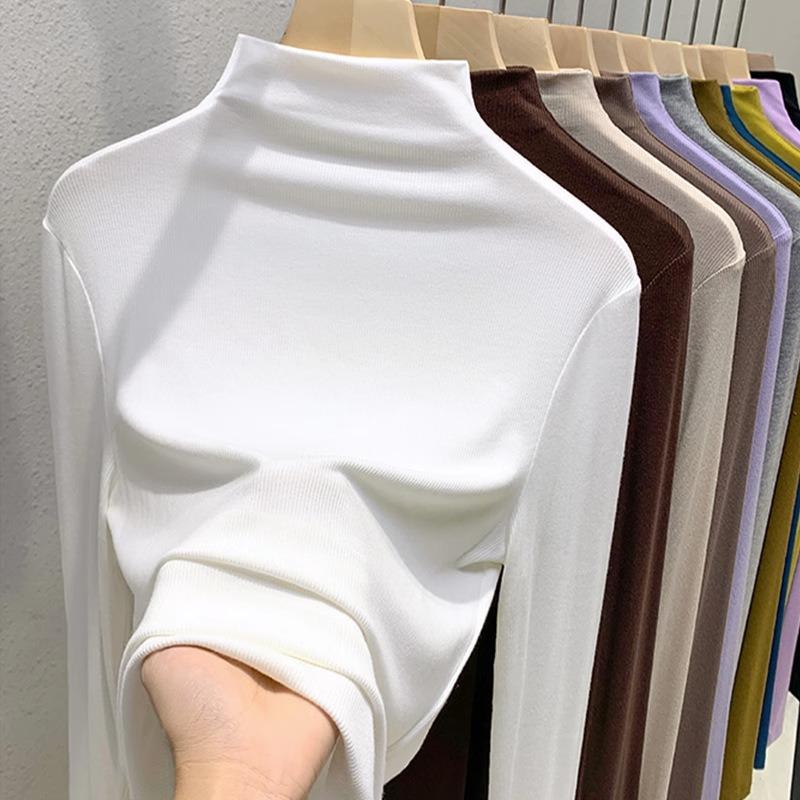 Solid Color Slim Fit Half High Collar Long Sleeve Women Casual Bottoming T Shirt Top