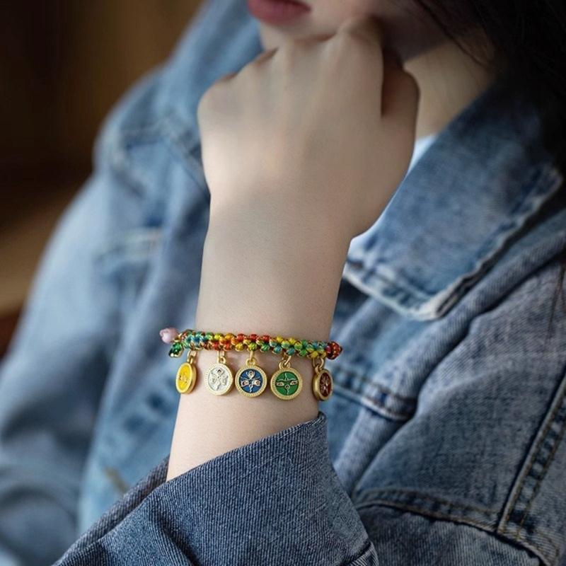 Handmade Tibetan Bracelet Colorful Five Way God of Wealth Bangle Adjustable Pulling Rope Wristchain for Women and Girls