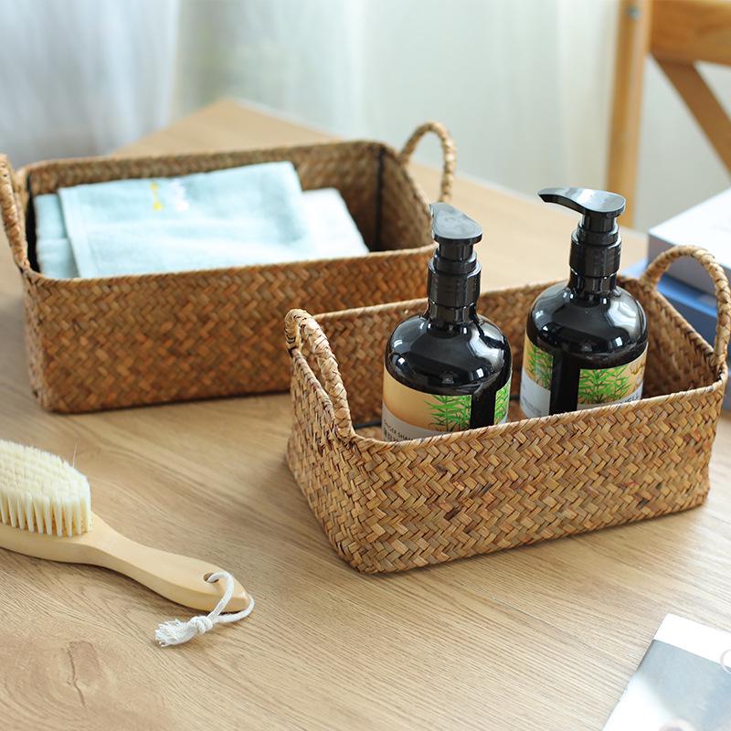 Japanese Straw-Woven Storage Basket for Snacks, TV Accessories, Cosmetics, and Masks